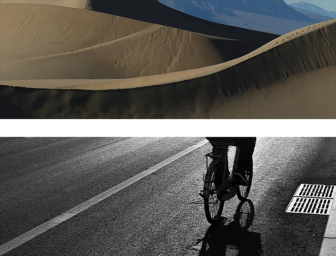 Two stacked photos: one of desert dunes and one of the shadow of a person riding a bike