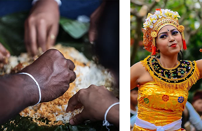 A photo of hands grabbing rice next to a photo of a person wearing a gold ceremonial outfit.