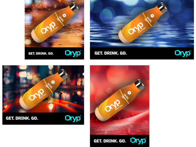 Een raster met vier advertenties van verschillende groottes, met een oranje fles van de Dryp-energiedrank tegen vier verschillende achtergronden. Er is één achtergrond met oranje bokeh-effecten en een oranje weerspiegeling op water, één achtergrond met blauwe bokeh-effecten op glinsterend water, één achtergrond met onscherpe stadslichten en één achtergrond met rode bokeh-effecten. De tekst onderaan de advertentie is "Get. Drink. Go. Dryp."