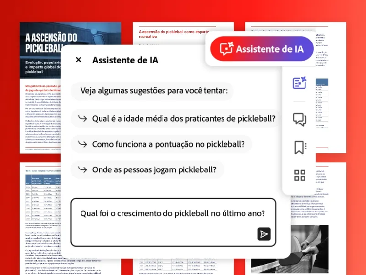 Captura de tela mostrando a janela pop-up do Assistente de IA do Acrobat com sugestões de perguntas para fazer ao documento.