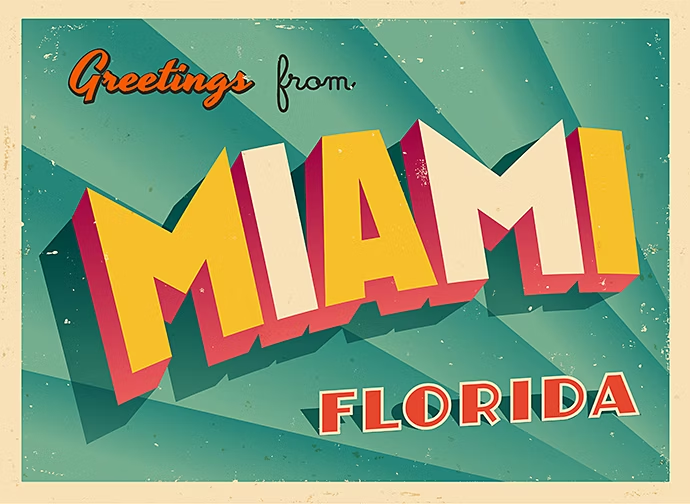 Vintage touristic greeting card from miami florida vector eps10 grunge effects can be easily removed for a brand new clean sign