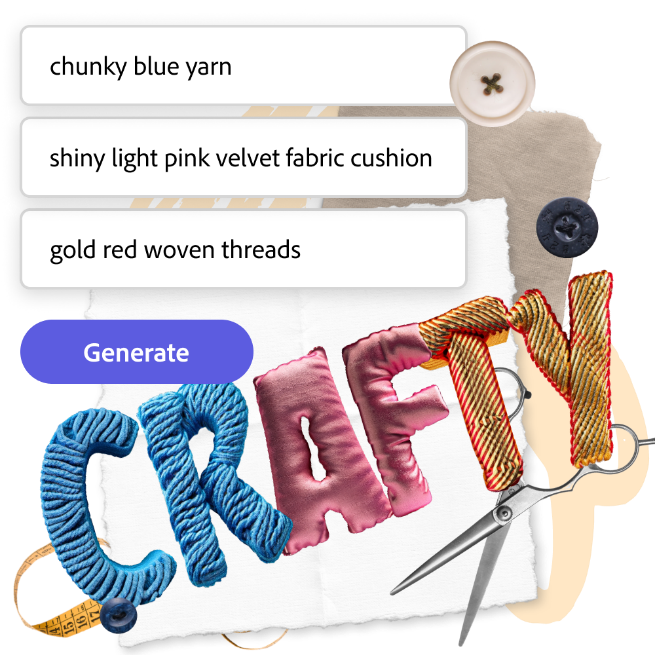 Collage with the word 'CRAFTY' in textured fabrics, scissors, and buttons. Includes a 'Generate' button and a list with craft materials.