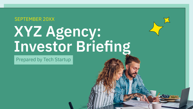 Pitch deck cover featuring two people working at a desktop with a green background and text related to an investment agency briefing.