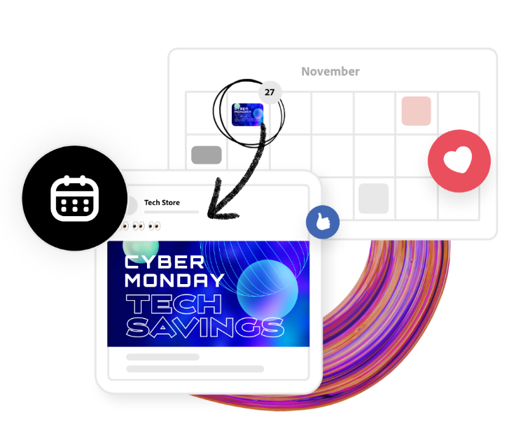 A calendar in the background, with a black arrow pointing towards a social media post scheduler using the Adobe Express tool.