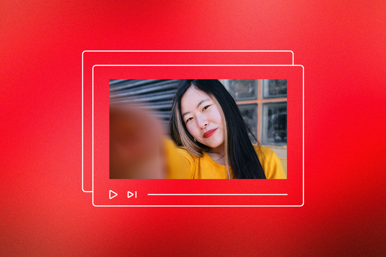 A selfie of a content creator with dark hair and light skin edited into a graphic of a YouTube video screen against a red background