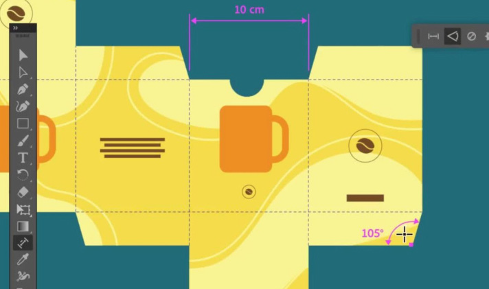 Screenshot of the Dimension tool at work laying out packaing art with a coffee design