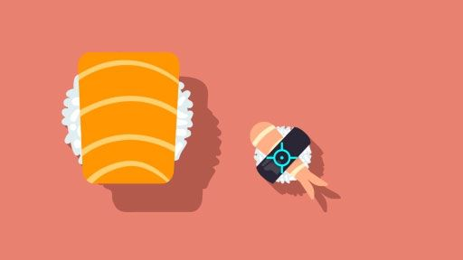 Drawings of sushi being resized on an orange background