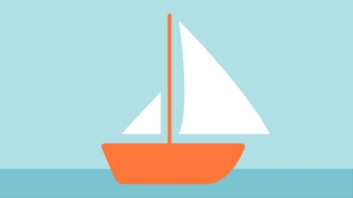 A simple 2-dimensional sailboat sits on a flat blue sea