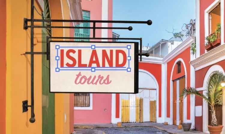 An image of a tropical street scene with a hanging sign saying "Island tours"