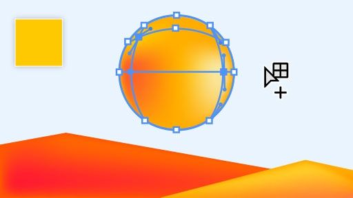 The mesh tool being used to add a light effect to an orange sphere hovering over stylized hills