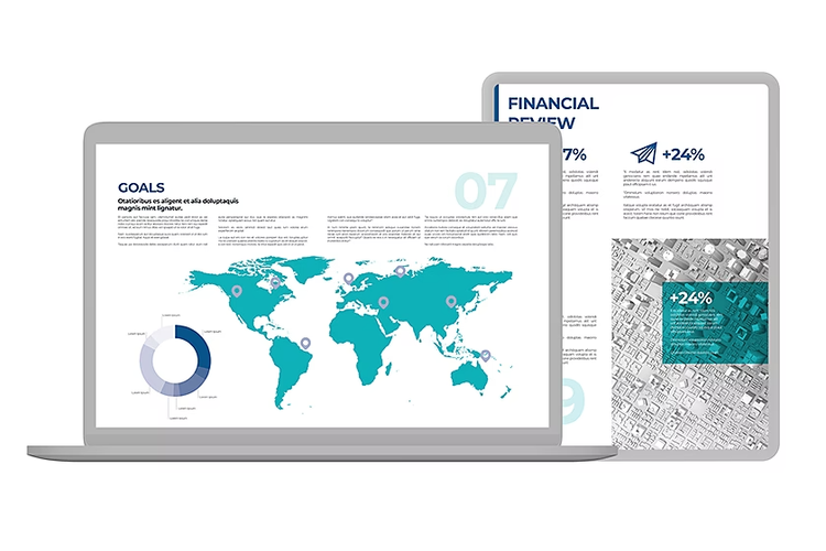 An annual report viewed on a laptop computer and a tablet device