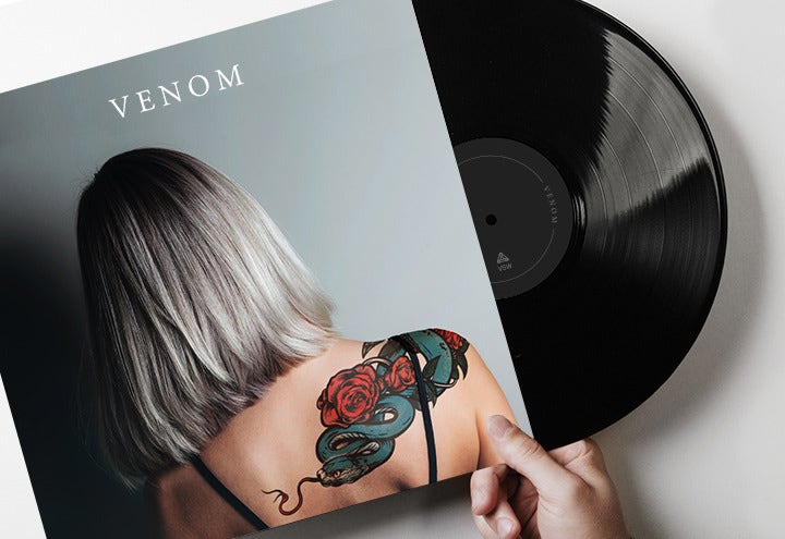 Final photo composite with tattoo art blended on model’s shoulder is placed on an album cover