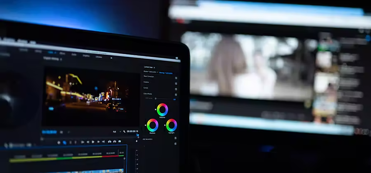 Video editing on a laptop next to streaming videos on a desktop computer as an example of how much information is transmitted through bits of data.