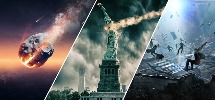 Storyboard of an asteroid falling from the sky, then hitting the Statue of Liberty, and then people floating in the air as an example of cross-cutting