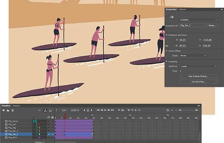 Animated paddleboarders tweening in Adobe Animate