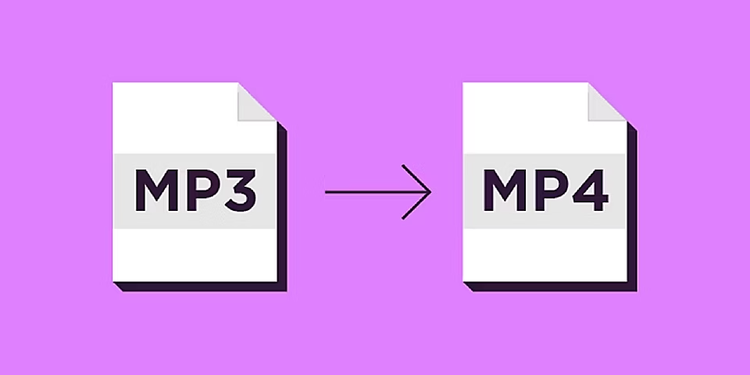 An MP3 file is shown on the left with an arrow pointing to an MP4 file on the right.