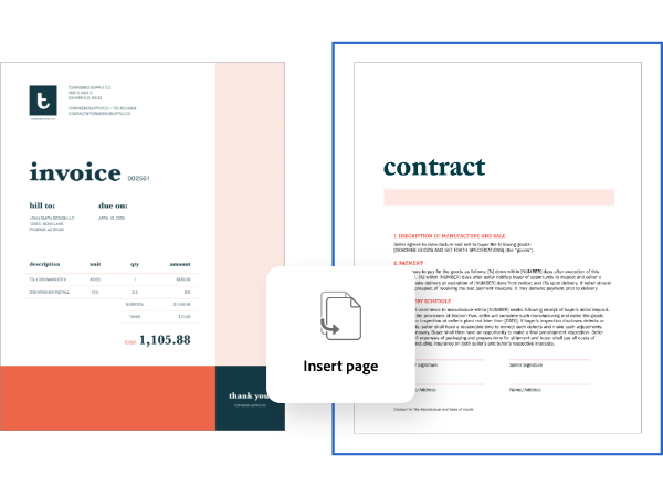 Deux pages d’un PDF dont l’une est mise en évidence et icône contextuelle avec le libellé « Insérer une page » pour montrer comment ajouter des pages à un PDF