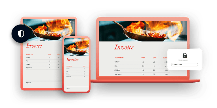 Document PDF ouvert sur une tablette, sur un téléphone mobile et sur un ordinateur, avec fenêtres contextuelles présentant des fonctionnalités de sécurité : une icône de bouclier sur la tablette et une icône de cadenas avec un mot de passe masqué par des puces sur l'ordinateur