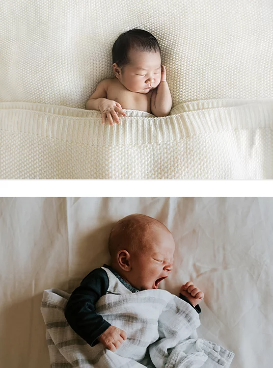 Stacked photo of two newborn babies resting