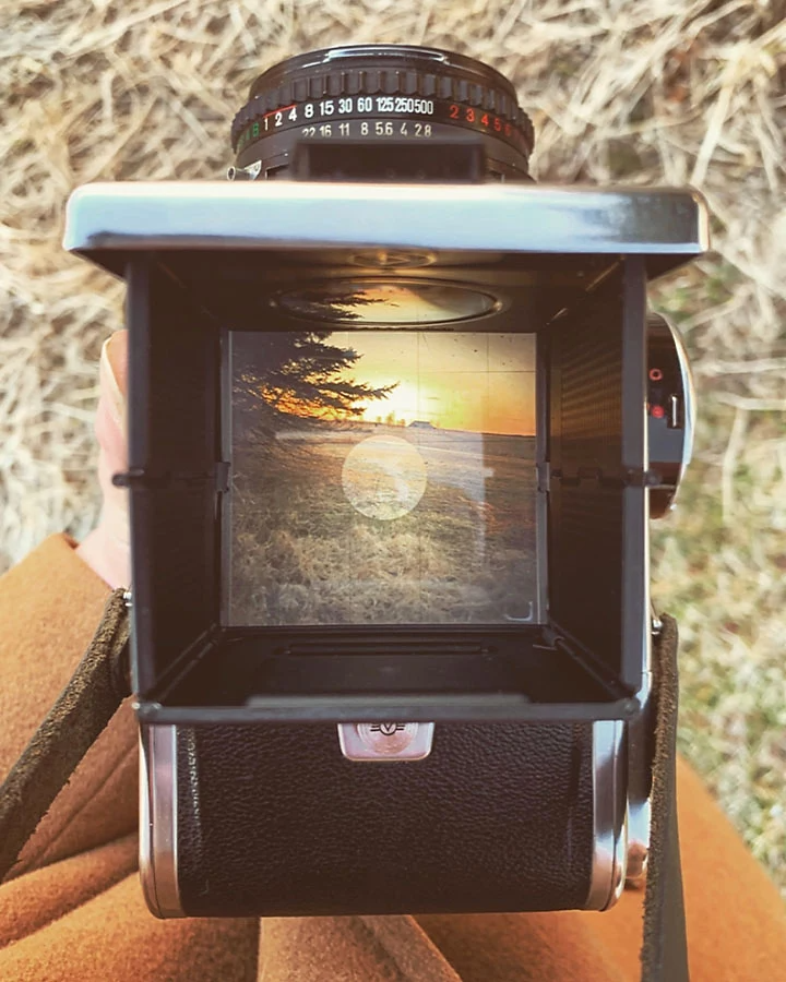 Taking a photo of a sunset with a vintage camera