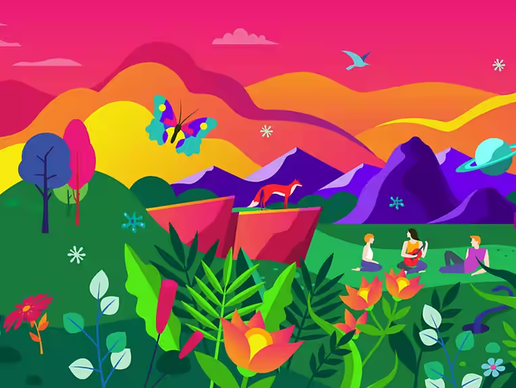 Colorful drawing of a nature scene being enjoyed by people and animals.