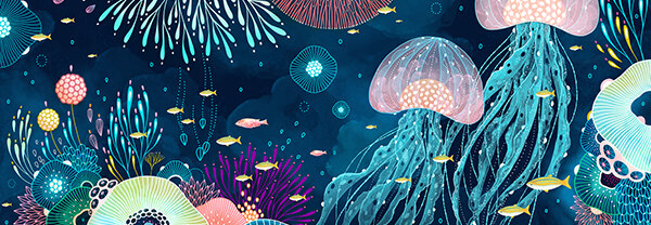 Illustration of jellyfish and corals.