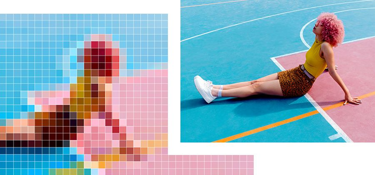 A photo of a person sitting on a tennis court showing the difference before and after increasing resolution