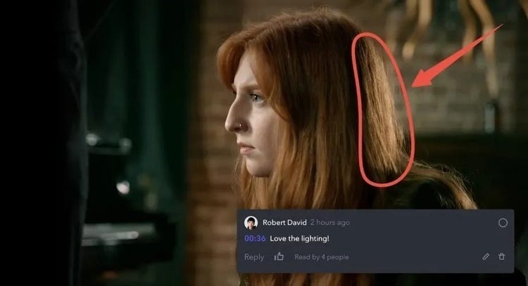 Example of a comment using Frame.io about the lighting on woman's hair