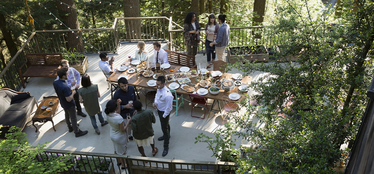 An aerial view of an outdoor dining event