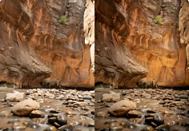 Vorher-Nachher-Vergleich eines Fotos vom Boden einer Schlucht, das nachgeschärft wurde