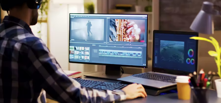 Eine Person, die an einem Schreibtisch sitzt und Videomaterial mit Adobe Premiere Pro bearbeitet