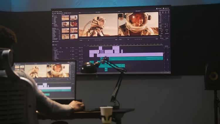 Person, die Videomaterial in Adobe Premiere bearbeitet