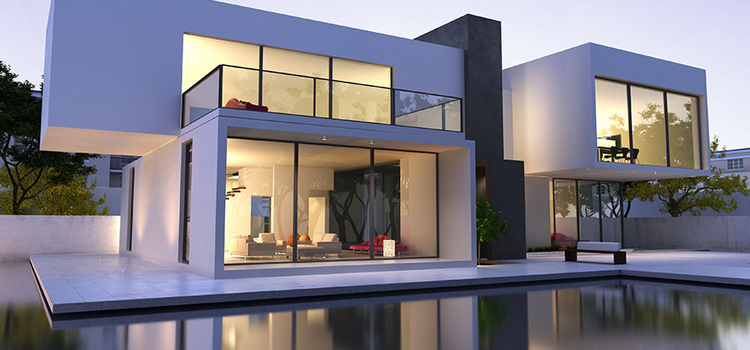 An example of real estate photography. An exterior photo of a modern home at twilight.