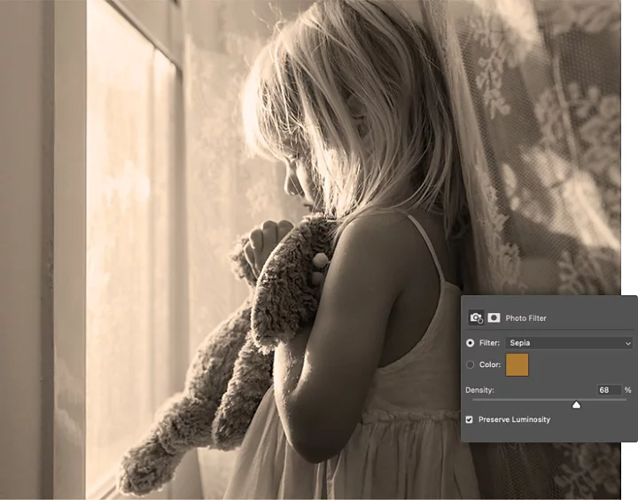 The Adobe Photoshop photo filter pane superimposed over an image of a child standing in front of a window