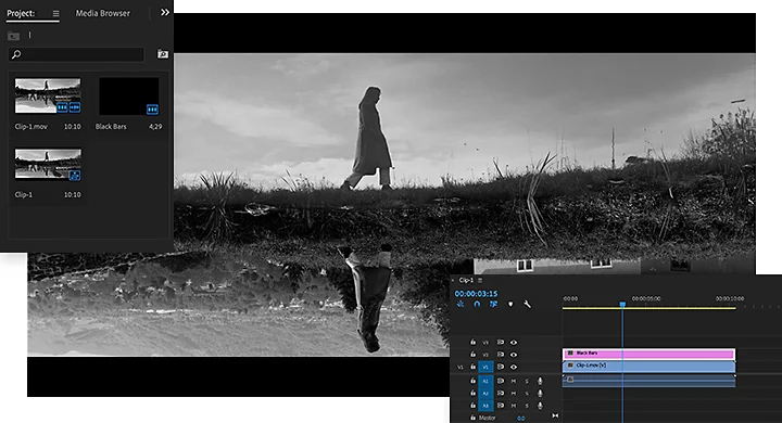 Panneau Explorateur de médias et panneau Montage d’Adobe Premiere Pro superposés à une image en niveaux de gris d’une personne qui marche dans l’herbe