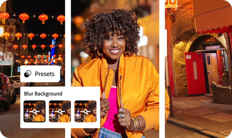 Woman smiling at night on a city street at night