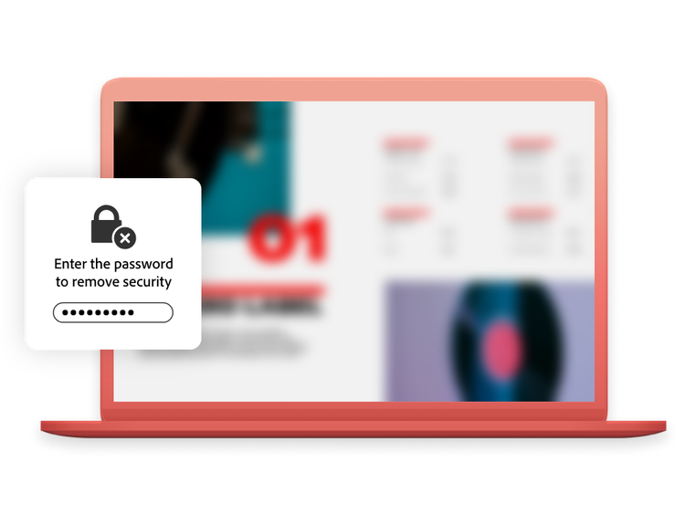 Un PDF sfocato su un portatile e un pop-up che mostra la scritta "Enter the password to remove security", un’icona a forma di lucchetto e una password nascosta da puntini