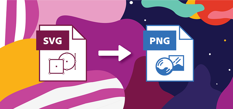 A graphic of an SVG file icon and a PNG file icon over a colorful background