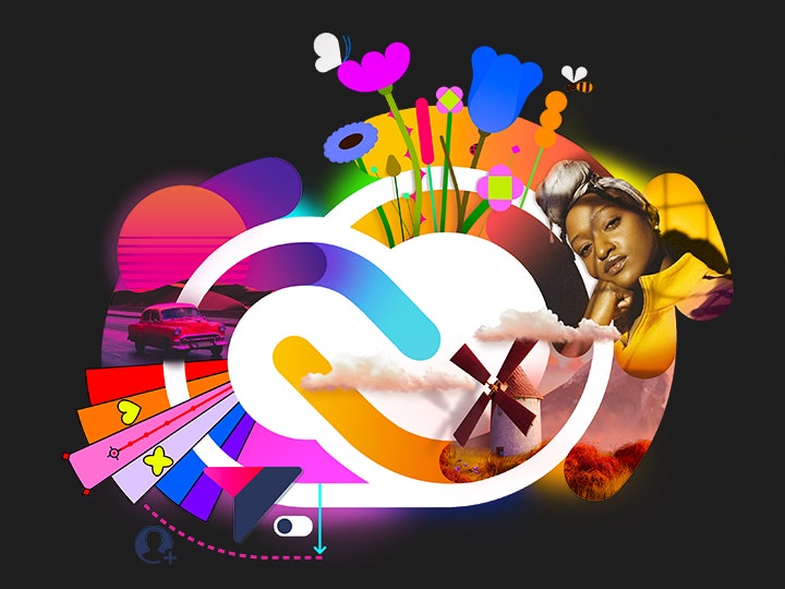 Logotipo de Creative Cloud con varias ilustraciones que surgen desde el centro