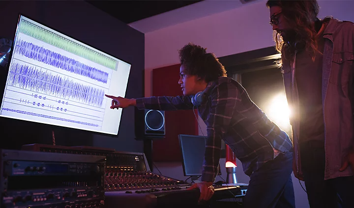 Dos productores en el estudio revisando la compresión de un archivo de audio