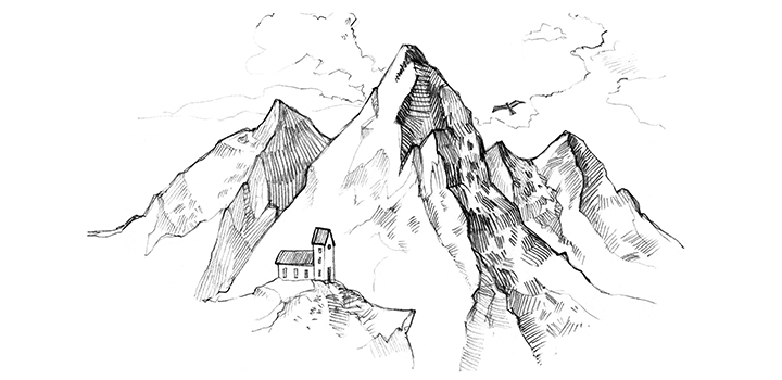 Pencil sketch of mountains with a house on a cliff in the front.