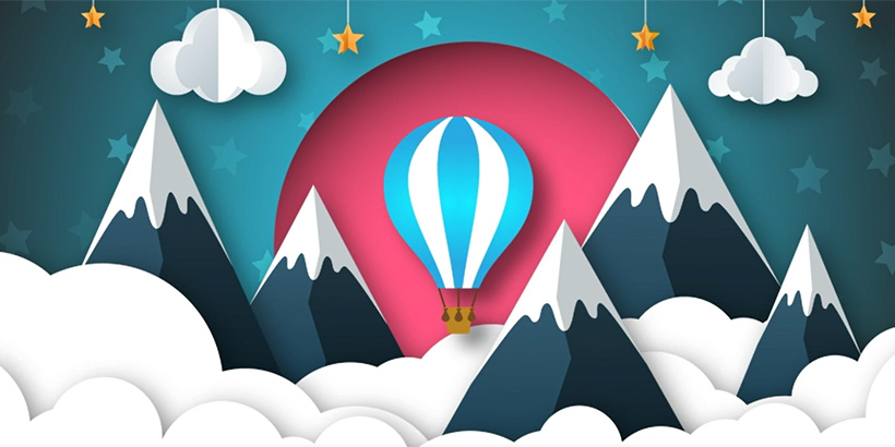 A motion graphic of a hot air balloon floating in the clouds by a mountain range