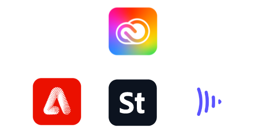 The square logo for Adobe Creative Cloud is on top of a pyramid with lines leading down to the square logos for Adobe Firefly, Adobe Stock and Frame.io.