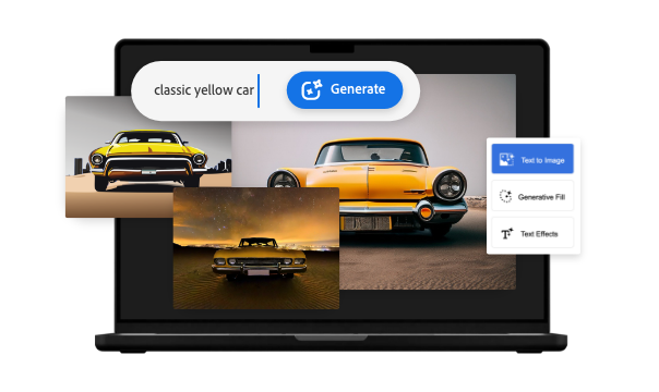 A black laptop with three images of a classic yellow car overlaid atop it.