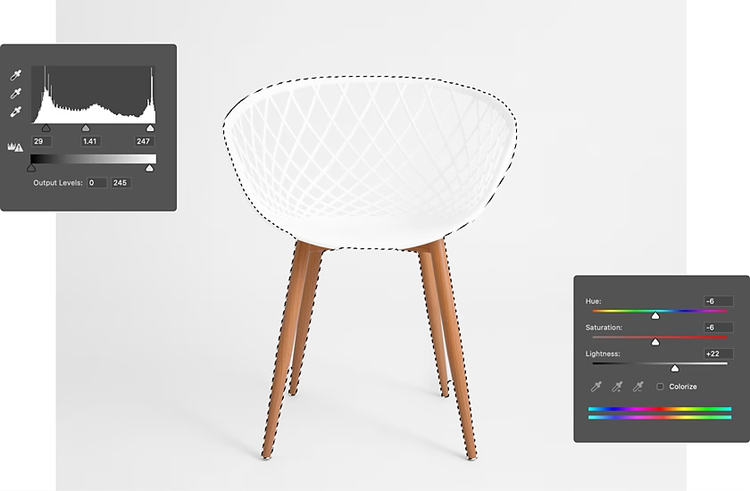 An image of a chair selected in Adobe InDesign with the Input Levels tool and Hue/Saturation tool superimposed over it.