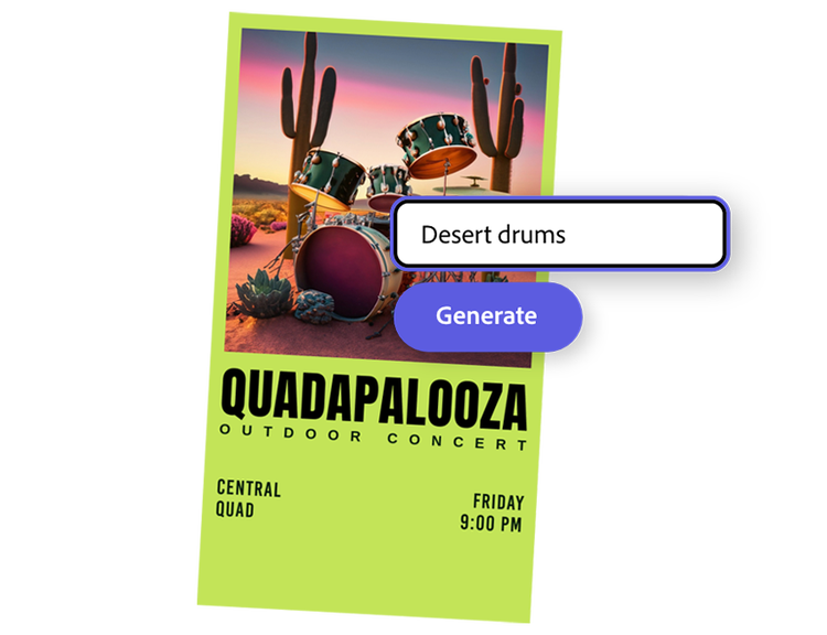 An outdoor concert poster with cacti and a drumset