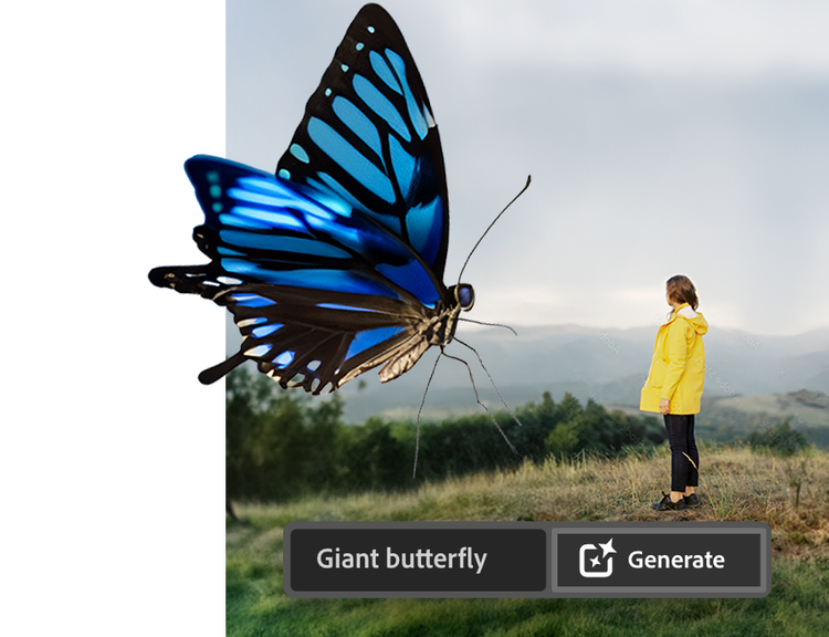 Butterfly and a woman in a yellow raincoat