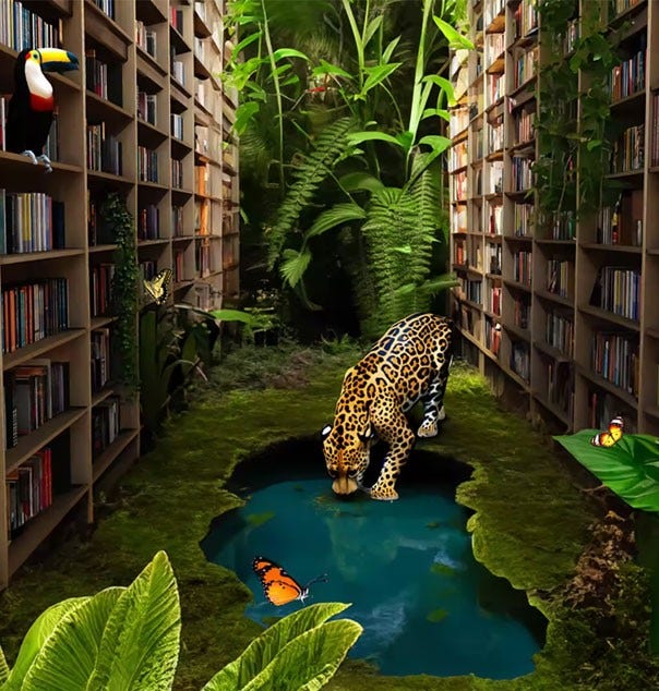 A jaguar drinking from a pond in a forest