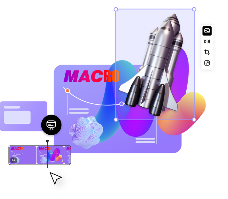 A collage of a rocket and different user interface icons portraying building a presentation.