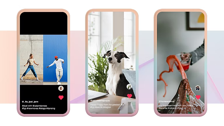 Three mobile phones side by side with different TikTok videos on their screen